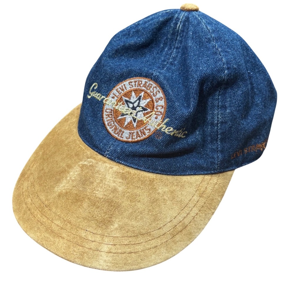 Rare 1990s Levi Strauss & Co Vintage Denim Suede Brim Strapback Hat Blue Tan
